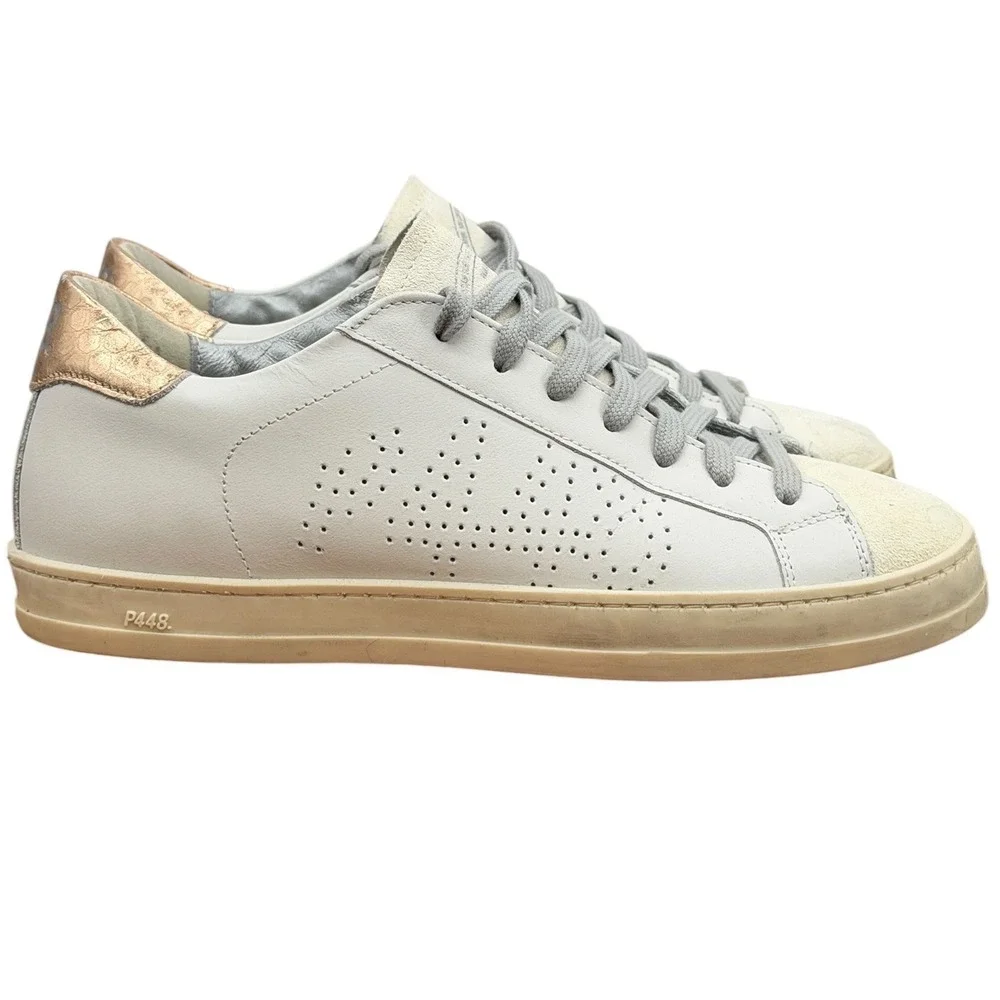 P448 John Sneakers Womens SZ 37 White Gold Low Top Leather Italian Athleisure